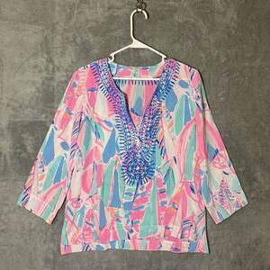 Lilly Pulitzer Womens Top Medium Out to Sea Amelia Island Tunic 100% Silk Blouse